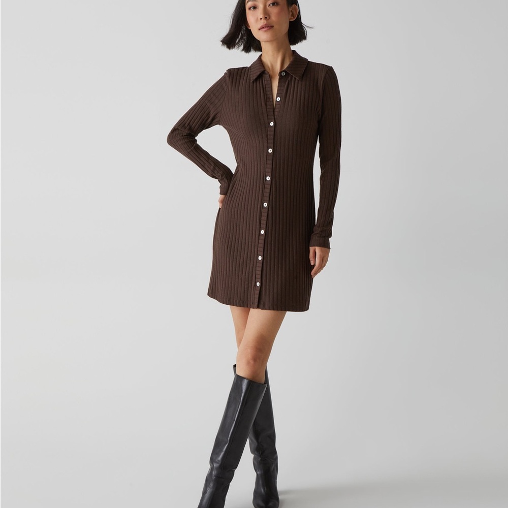 Michael Stars Brown Buttoned Long Sleeve Dress